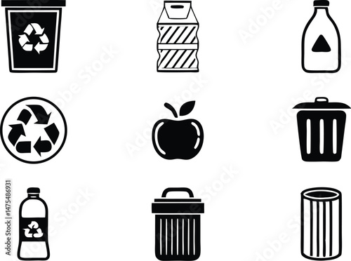 Recycling and Waste Management Silhouette Icons ? Eco-Friendly Solid Black Vector Set