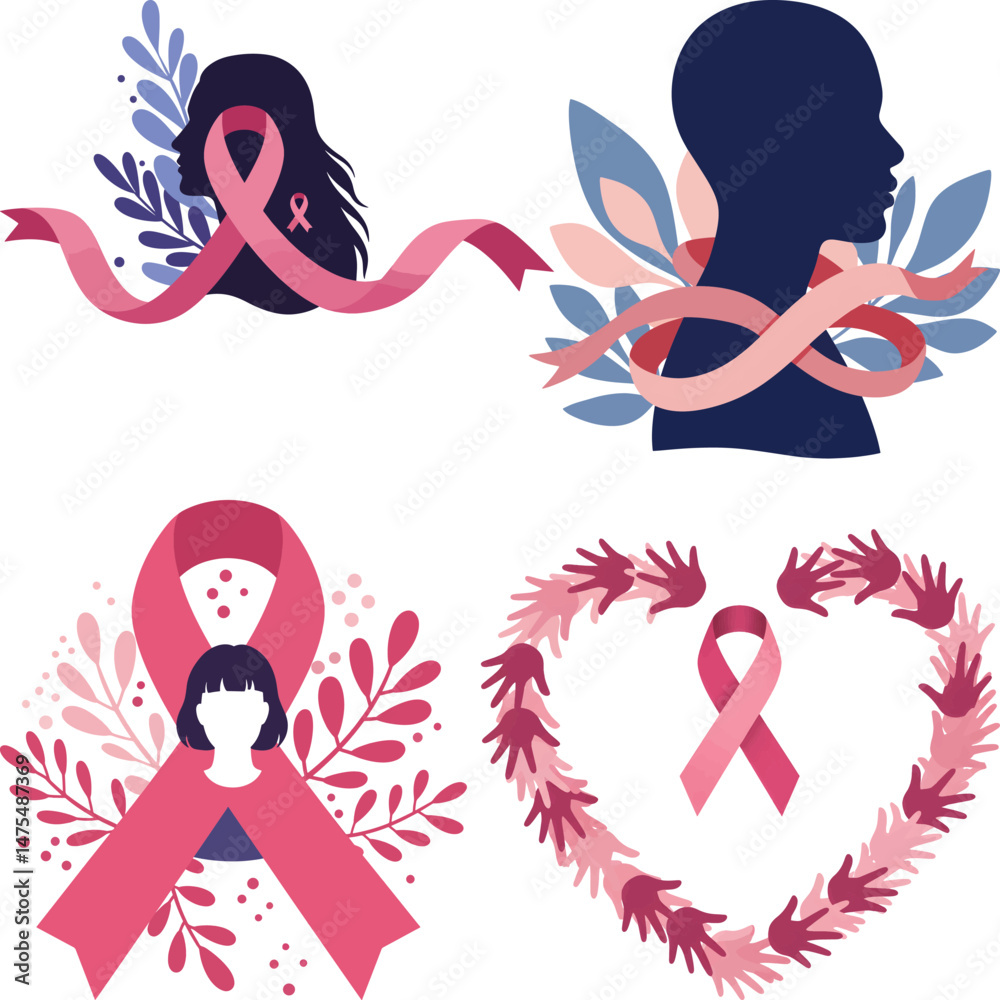 Fototapeta premium Artistic Breast Cancer Awareness Illustrations Pink Ribbons Female Silhouettes Decorative Elements