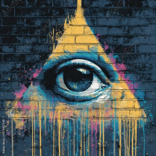 Colorful triangle graphic on a brick wall with an all-seeing eye.