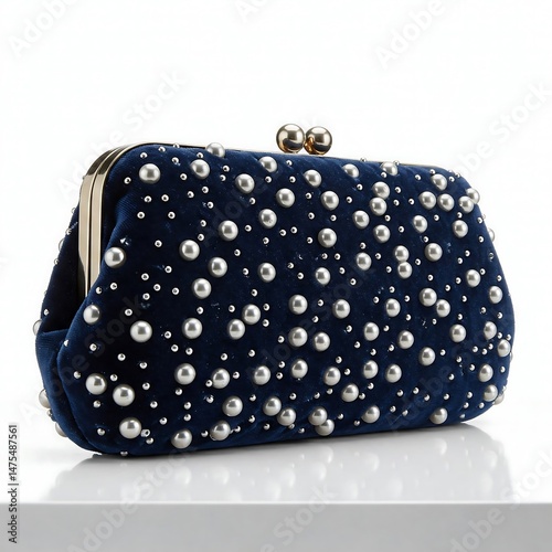 Pearl studded clutch bag on glossy white