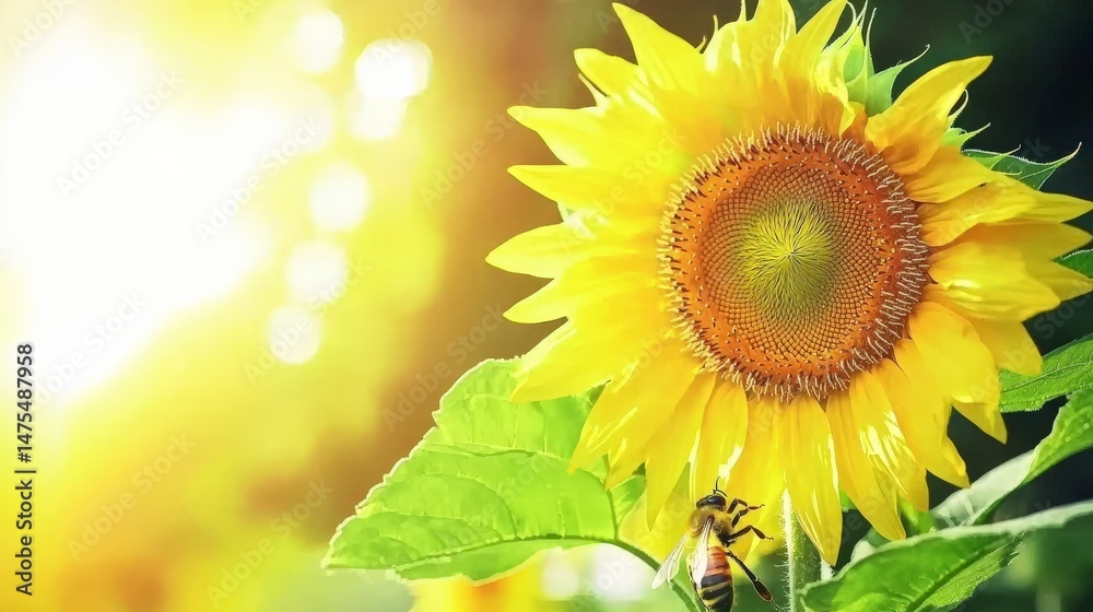 Obraz premium Close-up of Honeybee Collecting Nectar from Bright Sunflower