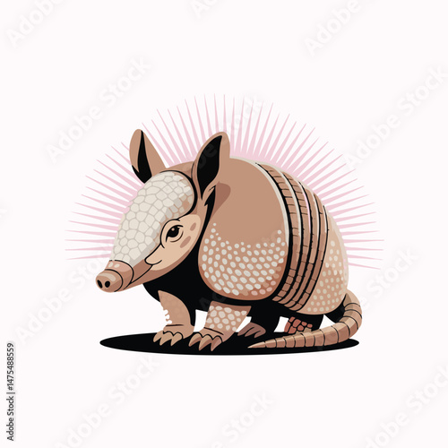 A stylized illustration of an armadillo with a tan and cream-colored shell, pointy ears, and a long snout is shown against a pale pink radiating background.