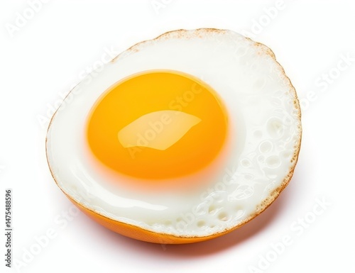 Freshly cooked sunny side up egg with bright yellow yolk on white background showcasing texture and color in culinary presentation for healthy eating