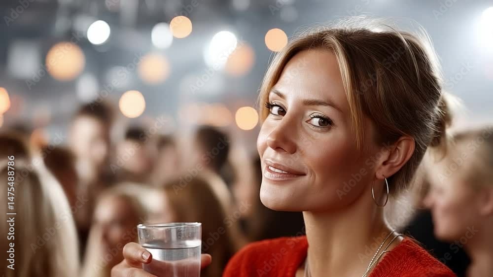 Nightlife Embrace: a radiant woman, exuding a relaxed charm, finds herself amidst a lively setting, her captivating gaze drawing the eye. A scene of conviviality unfolds. Nightlife Embrace: a radiant woman, exuding a relaxed charm, finds herself amidst a lively setting, her captivating gaze drawing the eye. A scene of conviviality unfolds.