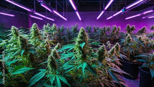 Indoor cannabis cultivation facility with lush green plants under vibrant purple LED grow lights. Rows of mature flowering plants with crystalline buds 