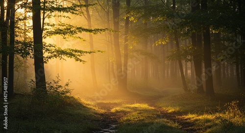 A serene forest at dawn with soft morning light filtering through the trees, mist rising from the ground