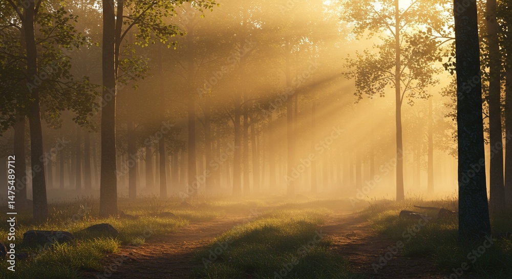 Obraz premium A serene forest at dawn with soft morning light filtering through the trees, mist rising from the ground