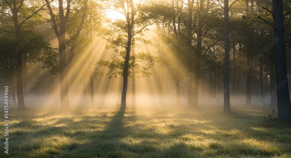 Obraz premium A serene forest at dawn with soft morning light filtering through the trees, mist rising from the ground
