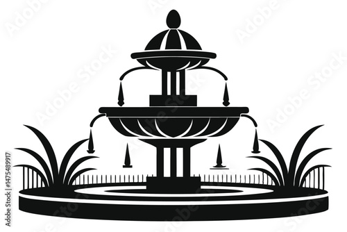 Elegant monochrome fountain stands amidst verdant plants enclosed by a small fence detail