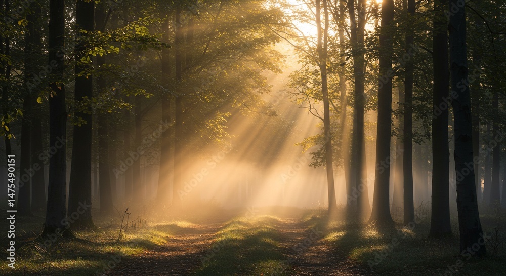 Fototapeta premium A serene forest at dawn with soft morning light filtering through the trees, mist rising from the ground