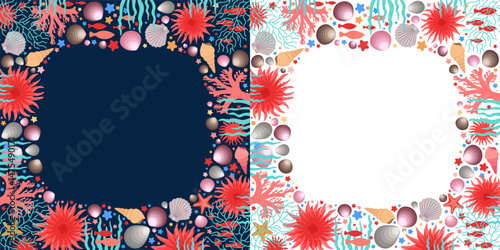 Coral reef square frames with copy space. Underwater environment diving theme under sea world. Summer design with star fish, shells, sea anemone, ocean seaweeds. Dark mode and white background option.
