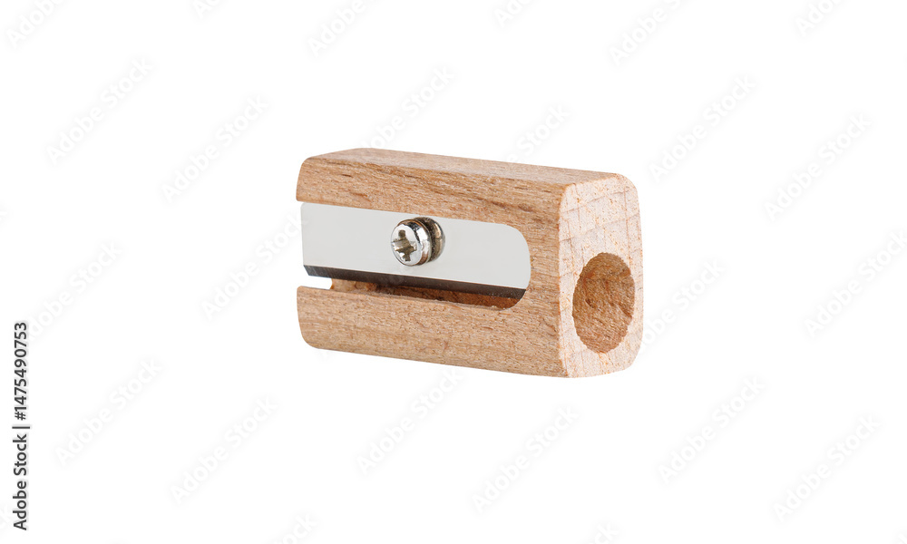 Closeup of a wooden pencil sharpener on white isolated backdrop. Perfect for school supplies, office use, and global stationery needs. Closeup of a wooden pencil sharpener on white isolated backdrop. Perfect for school supplies, office use, and global stationery needs.