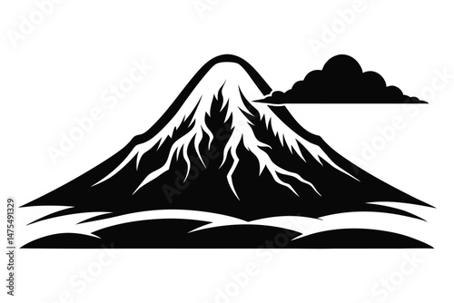 Monochrome mountaintop illustration depicts a majestic peak shrouded with a solitary cloud, symbolizing nature's power