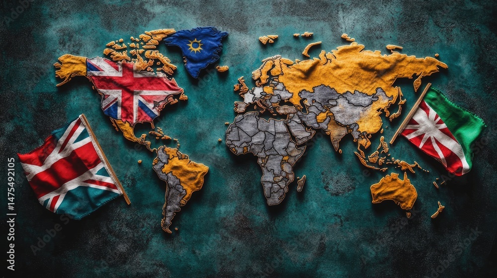 Naklejka premium Abstract world map with textures and flags illustration. Representing global connections and international themes with artistic visuals. Symbolizing globalization and international relations.