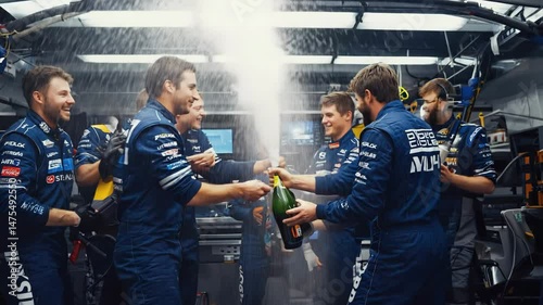 Racing team celebrates victory with champagne