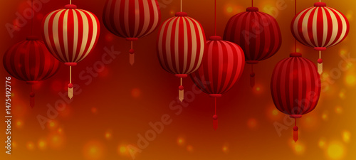 Chinese lanterns glowing on dark background. Traditional red abd gold Chinese lanterns hanging with soft lights. New Year poster vector background design. Asian festive atmosphere  concept in red