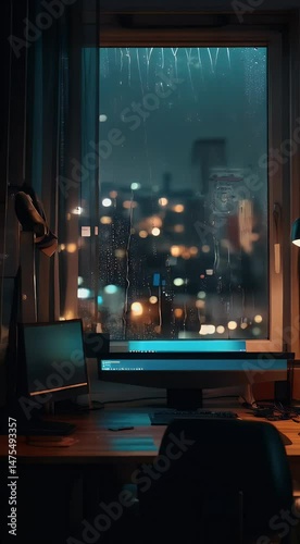 room raining background city desk work business desktop illustration window home technology workplace created using office modern table computer design animation cyberspace interior lights workspace