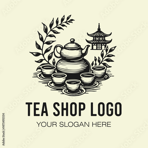 Tea shop logo, teapot and cups vector illustration isolated on light background.