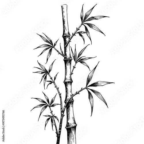 Black and white bamboo illustration with detailed leaves  