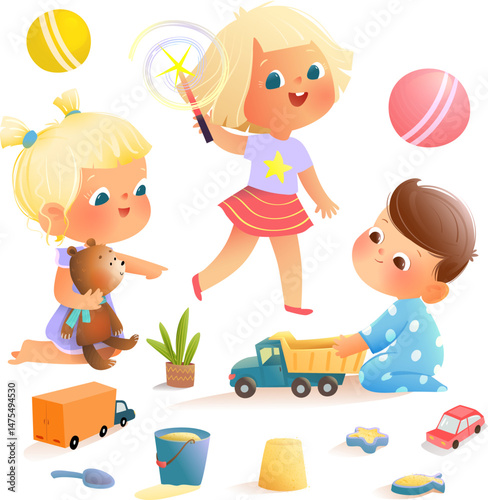 Three Children Playing on Playground with Toys. Little kids friends playing outside or inside. Childhood playtime colorful clipart collection. Vector kids educational cartoon clip art collection.
