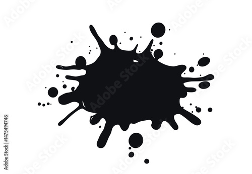 Black ink splatter isolated on white background. Abstract grunge paint splash, messy ink blot, dripping liquid texture, artistic splatter element for design, vector illustration high resolution.