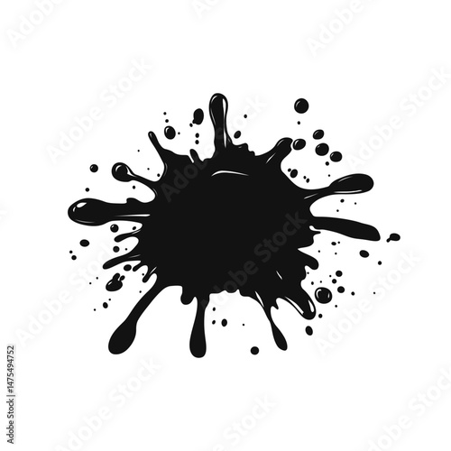 Black ink splatter isolated on white background. Abstract grunge paint splash, messy ink blot, dripping liquid texture, artistic splatter element for design, vector illustration high resolution.