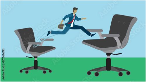 Man taking a big jump in career. New and better job and promotion. One chair bigger than the other. Jumping to new life and position. Dimension 16:9. Vector illustration.
