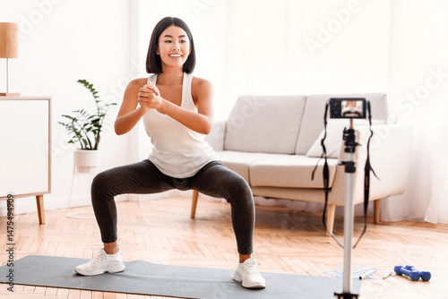 Free Download Sport And Healthy Lifestyle. Active asian lady filming video for her internet channel, doing squats and looking to camera, exercising on yoga mat. Coach recording home training tutorial in living room - GFXLoad