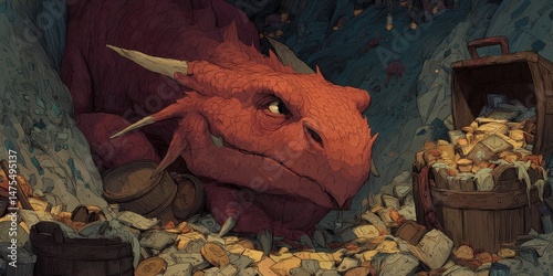 Red dragon guarding treasure hoard in a cave.