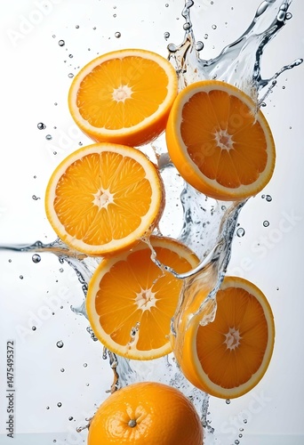 A vibrant splash of freshness featuring multiple orange halves in mid-air, dramatically caught as water splashes around them.