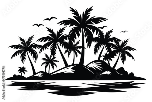Black silhouette depicts a tropical island landscape featuring palm trees and birds in flight
