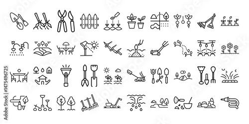 Landscaping Tools and Garden Equipment Icons on White Background