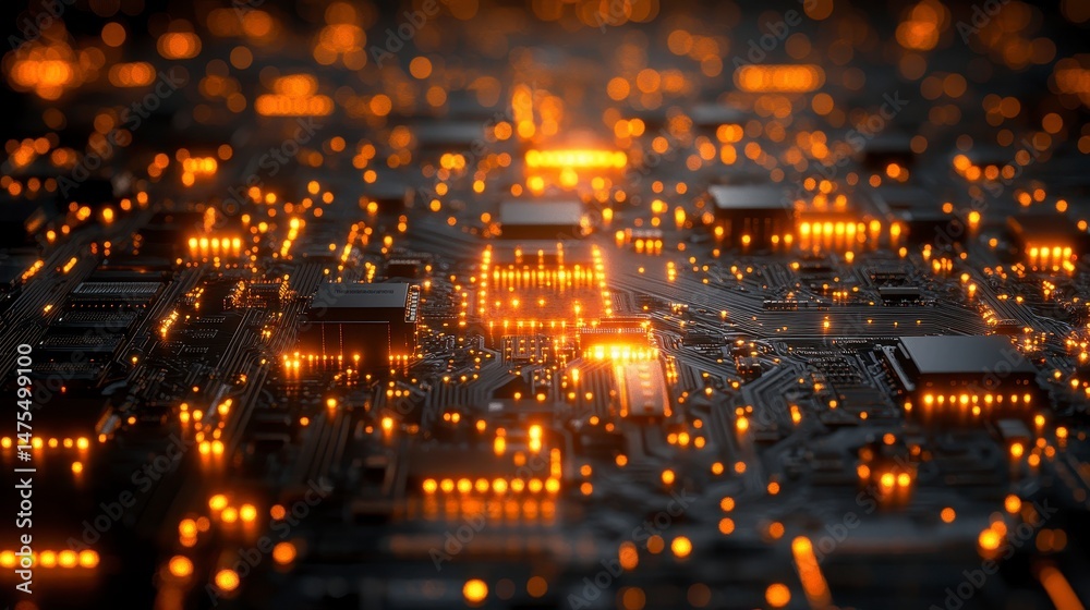 Glowing circuit Interconnected components with a warm, digital aesthetic Glowing circuit Interconnected components with a warm, digital aesthetic