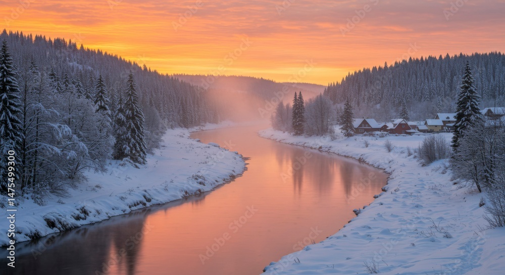 Fototapeta premium Winter River Sunrise Scene