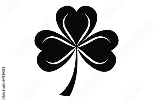 Bold black shamrock stands isolated against a stark white backdrop, presenting minimalistic charm