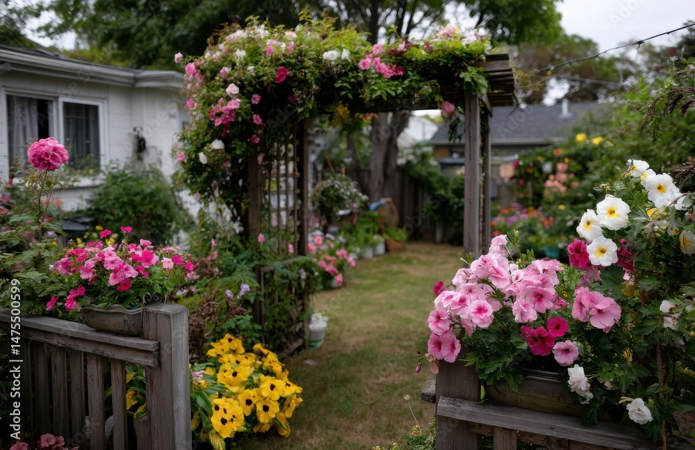 Fototapeta premium Lush flower garden with wooden pergola covered in climbing roses