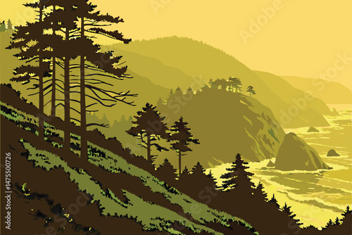 1 dramatic coastal landscape, lush green hills, silhouetted pine trees, golden sunset sky, serene ocean waves, misty cliff edges, vibrant warm tones, highly detailed, cinematic composition, photoreali