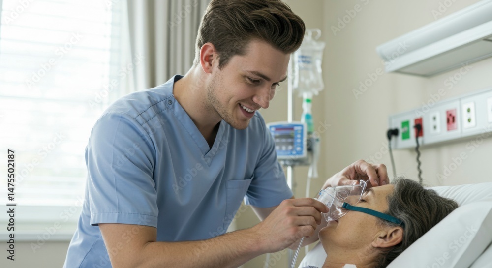 Nurse assisting senior patient with oxygen mask Nurse assisting senior patient with oxygen mask