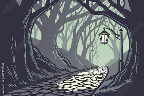 2 dark alleyway with lanterns, cobblestone path, trees overhead, moody atmosphere, dramatic lighting, fantasy-like environment, cinematic style, digital painting, concept art