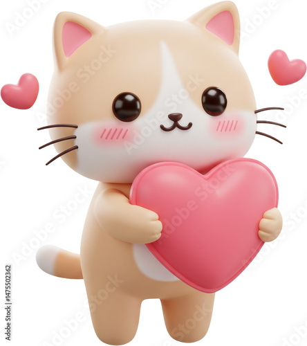 Kawaii 3D cartoon cat hugging a heart