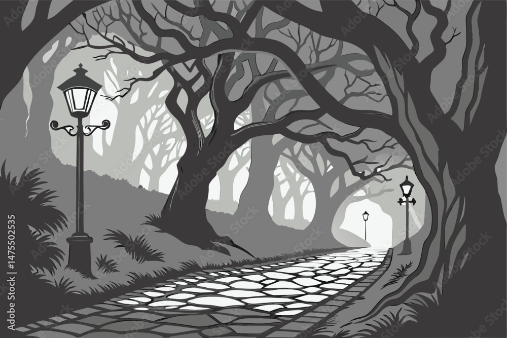 Naklejka premium 2 dark alleyway with lanterns, cobblestone path, trees overhead, moody atmosphere, dramatic lighting, fantasy-like environment, cinematic style, digital painting, concept art