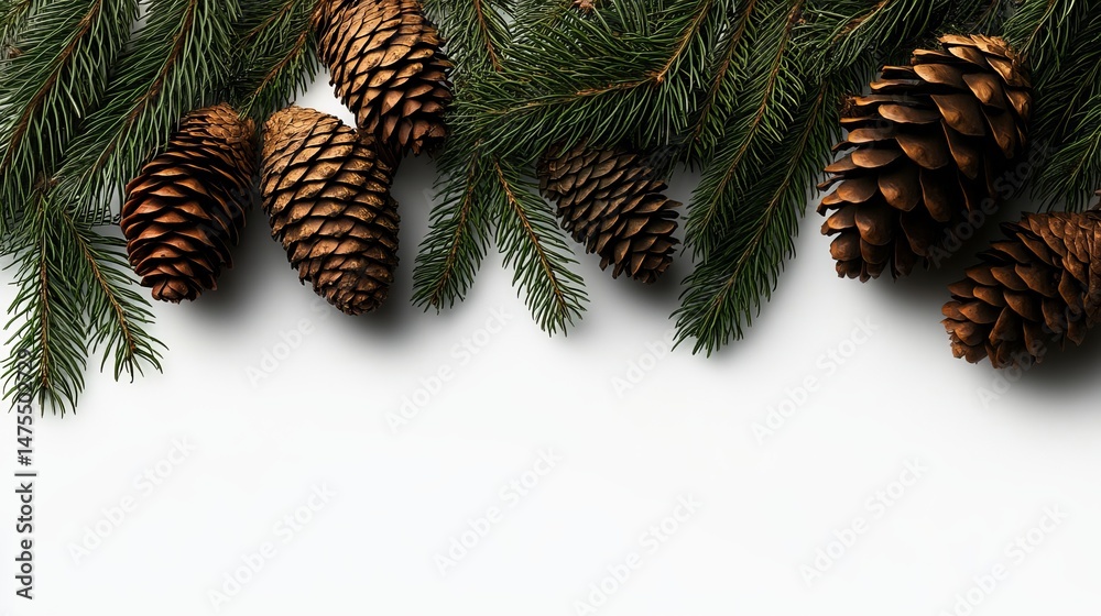 Naklejka premium Beautiful brown pine cones and green branches on white background winter holiday decoration wood life