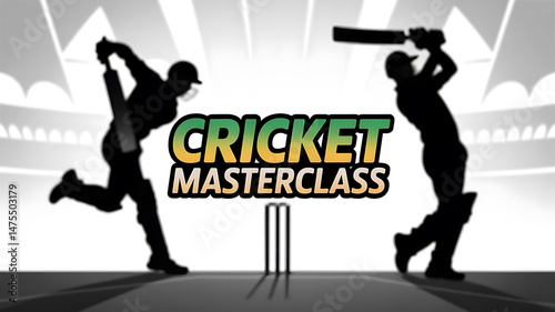 Cricket masterclass graphic with silhouettes of batsmen in a stadium setting