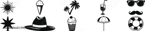 Summer Vacation Icons Set  Stylish Black and White Illustrations Featuring Sun, Hat, Ice Cream, Drink, Palm Trees, and More Made with Adobe Illustrator