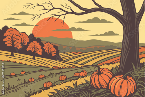 4 5k ultra high definition, epic landscape, dramatic sunset, pumpkin patch in autumn, rural field, natural lighting, moody atmosphere, stunning scenery, vibrant colors, beautiful composition, detailed