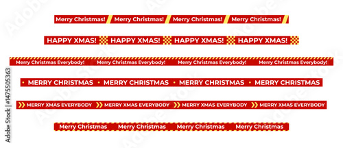 Christmas text messages set on red line tape, red police tape style. Xmas Holiday decoration, greeting print design, seasonal greeting design elements. Vector illustration