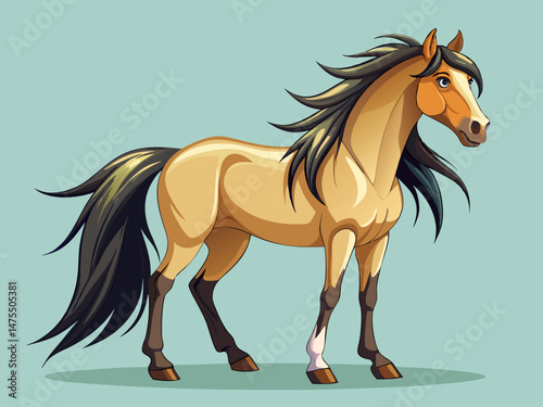 vector of A light brown horse with a long black mane and a light background