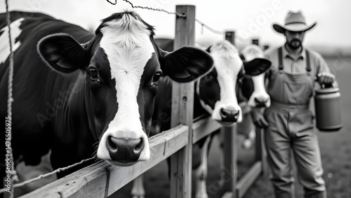 Farmers are collecting milk from cows on a dairy farm. photo