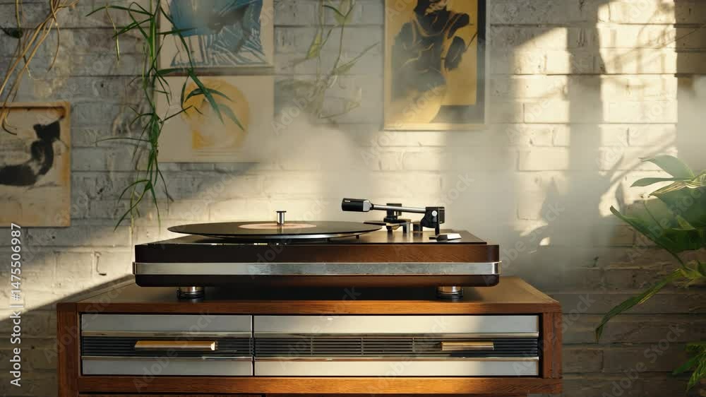 Vintage Turntable on a Wooden Cabinet in a Bright, Cozy Room