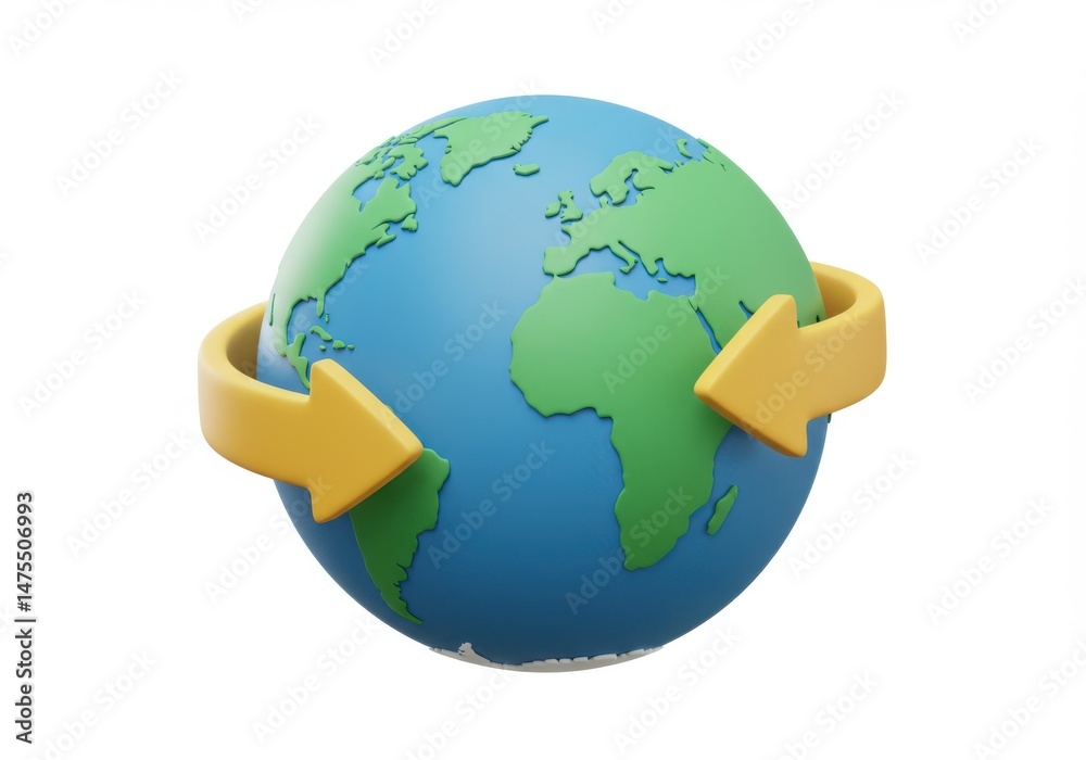 Naklejka premium Earth globe with yellow arrows circling it on a plain white background view